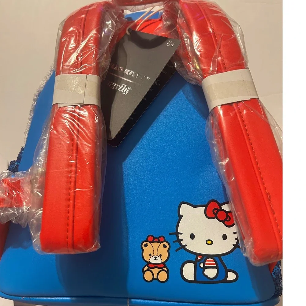 Hello Kitty Loungefly Sequin Mini Backpack Classic Overalls Blue Red White Bag